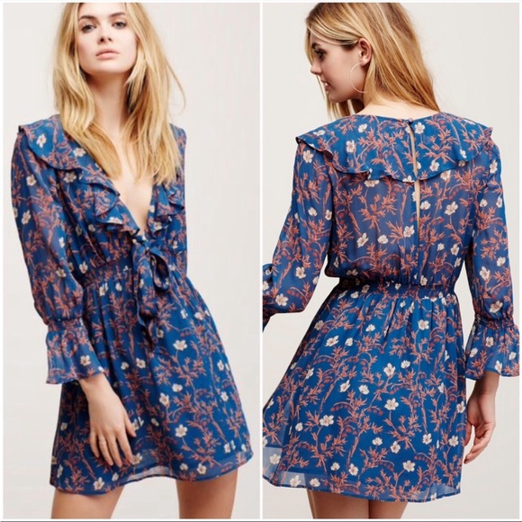 Free People Dresses & Skirts - Free People Ruffle Me Up Blue Floral Mini Dress